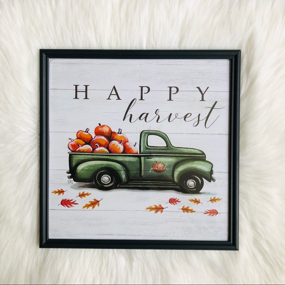 Handmade Happy Harvest Pumpkin Truck Glass Decor Frame 12 x 12
